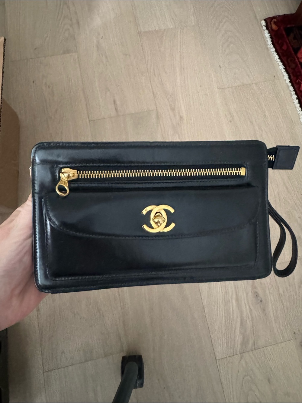 CHANEL COCO Mark Black Leather Wristlet/Clutch with Gold CC Hardware AUTHENTIC